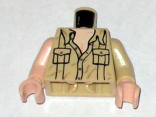 Display of LEGO part no. 973pb0592c01 which is a Tan Torso Indiana Jones Open Collar Shirt with Pockets Pattern / Arm Left / Light Nougat Arm Right / Light Nougat Hands 