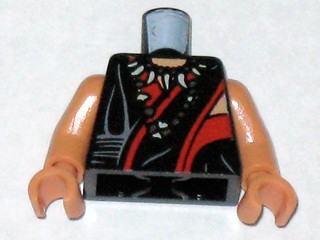 Display of LEGO part no. 973pb0598c01 which is a Black Torso Indiana Jones Robe with Red Trim and Ceremonial Necklace Pattern / Nougat Arms / Nougat Hands 