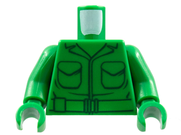 Display of LEGO part no. 973pb0627c01 Torso Army Jacket with Pockets and Belt Pattern / Arms / Hands  which is a Green Torso Army Jacket with Pockets and Belt Pattern / Arms / Hands 