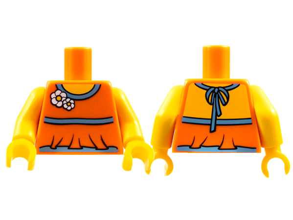 Display of LEGO part no. 973pb0638c01 Torso Halter Top with Medium Blue Trim and Flowers Pattern / Yellow Arms / Yellow Hands  which is a Orange Torso Halter Top with Medium Blue Trim and Flowers Pattern / Yellow Arms / Yellow Hands 