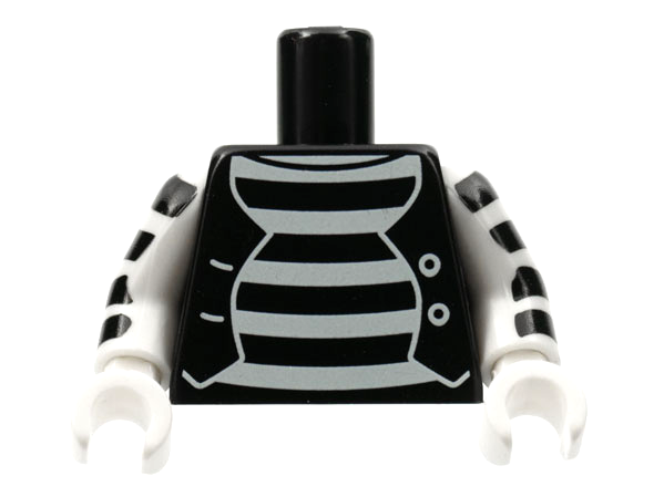 Display of LEGO part no. 973pb0712c01 Torso Mime Shirt with White Stripes and White Button Vest Pattern / White Arms with Stripes / White Hands  which is a Black Torso Mime Shirt with White Stripes and White Button Vest Pattern / White Arms with Stripes / White Hands 