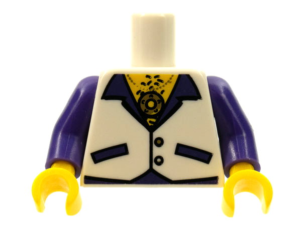 Display of LEGO part no. 973pb0715c01 Torso Vest with Open Shirt, Medallion and Hairy Chest Pattern / Dark Purple Arms / Yellow Hands  which is a White Torso Vest with Open Shirt, Medallion and Hairy Chest Pattern / Dark Purple Arms / Yellow Hands 