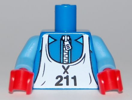 Display of LEGO part no. 973pb0718c01 Torso White Zipper and Ski Bib with '211' Pattern / Medium Arms / Red Hands  which is a Blue Torso White Zipper and Ski Bib with '211' Pattern / Medium Arms / Red Hands 