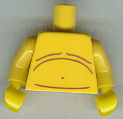 Display of LEGO part no. 973pb0789c01 Torso Bare Chest with Body Lines Pattern / Arms / Hands  which is a Yellow Torso Bare Chest with Body Lines Pattern / Arms / Hands 