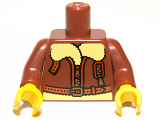 Display of LEGO part no. 973pb0792c01 which is a Reddish Brown Torso Bomber Jacket with Light Yellow Collar Pattern / Arms / Yellow Hands 