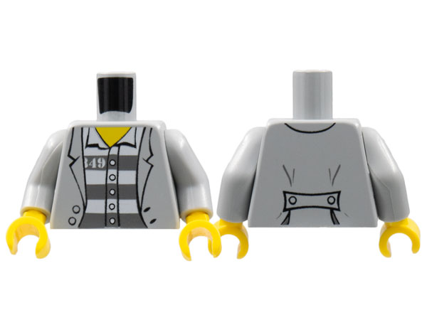 Display of LEGO part no. 973pb0798c01 Torso Town Prisoner Jacket over Shirt with Buttons and Dark Bluish Gray Prison Stripes Pattern / Arms / Yellow Hands  which is a Light Bluish Gray Torso Town Prisoner Jacket over Shirt with Buttons and Dark Bluish Gray Prison Stripes Pattern / Arms / Yellow Hands 