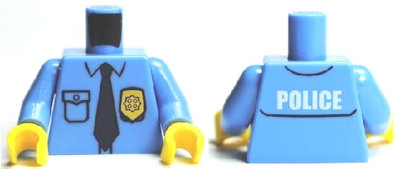 Display of LEGO part no. 973pb0801c01 Torso Police Shirt with Gold Badge, Dark Blue Tie and 'POLICE' Pattern on Back / Arms / Yellow Hands  which is a Medium Blue Torso Police Shirt with Gold Badge, Dark Blue Tie and 'POLICE' Pattern on Back / Arms / Yellow Hands 