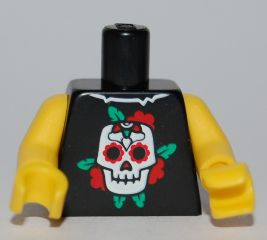 Display of LEGO part no. 973pb0838c01 Torso Skull and Red Flowers Pattern / Yellow Arms / Yellow Hands  which is a Black Torso Skull and Red Flowers Pattern / Yellow Arms / Yellow Hands 