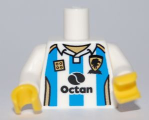 Display of LEGO part no. 973pb0844c01 Torso Soccer Octan Logo and Light Blue Stripes Pattern / Arms / Yellow Hands  which is a White Torso Soccer Octan Logo and Light Blue Stripes Pattern / Arms / Yellow Hands 