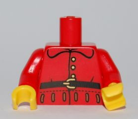 Display of LEGO part no. 973pb0849c01 Torso Rounded Collar, Three Gold Buttons, and Black Belt with Buckle Pattern / Arms / Yellow Hands  which is a Red Torso Rounded Collar, Three Gold Buttons, and Black Belt with Buckle Pattern / Arms / Yellow Hands 