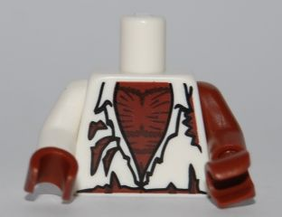 Display of LEGO part no. 973pb0851c01 which is a White Torso Shirt Tattered with Werewolf Hairy Chest Pattern / Reddish Brown Arm Left / Arm Right / Reddish Brown Hands 