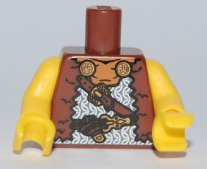 Display of LEGO part no. 973pb0852c01 which is a Reddish Brown Torso Viking Vest with Chain Mail and Belts Pattern / Yellow Arms / Yellow Hands 