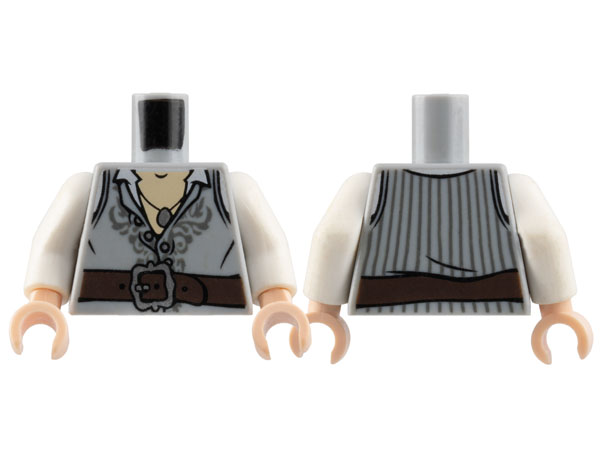 Display of LEGO part no. 973pb0889c01 which is a Light Bluish Gray Torso Vest Partially Open with Silver Buttons and Dark Bluish Gray Embroidery and Pinstripes over White Shirt, Dark Brown Belt with Buckle, Pendant Necklace, Light Nougat Chest Pattern / White Arms / Light Nougat Hands 