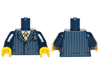 Display of LEGO part no. 973pb0899c01 which is a Dark Blue Torso Suit Pinstripe Jacket and Gold Tie Pattern / Arms / Yellow Hands 