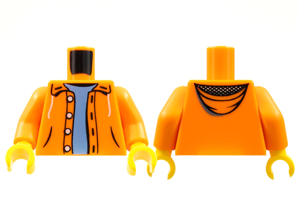 Display of LEGO part no. 973pb0906c01 Torso Jacket Hoodie over Medium Blue Sweater Pattern / Arms / Yellow Hands  which is a Orange Torso Jacket Hoodie over Medium Blue Sweater Pattern / Arms / Yellow Hands 