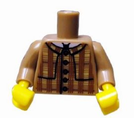 Display of LEGO part no. 973pb0931c01 Torso Plaid Coat with Layered Shoulder Detailing and Red Buttons Pattern / Arms / Yellow Hands  which is a Dark Tan Torso Plaid Coat with Layered Shoulder Detailing and Red Buttons Pattern / Arms / Yellow Hands 