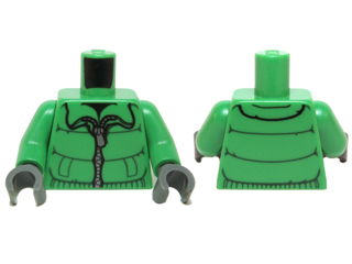 Display of LEGO part no. 973pb0946c01 Torso Winter Jacket with Silver Zipper Pattern / Arms / Dark Bluish Gray Hands  which is a Bright Green Torso Winter Jacket with Silver Zipper Pattern / Arms / Dark Bluish Gray Hands 