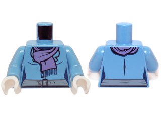 Display of LEGO part no. 973pb0962c01 Torso Female with Medium Lavender Scarf with Fringe and Gray Belt Pattern / Arms / White Hands  which is a Medium Blue Torso Female with Medium Lavender Scarf with Fringe and Gray Belt Pattern / Arms / White Hands 