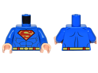 Display of LEGO part no. 973pb0981c01 Torso Shirt with Muscles, Belt and Red and Yellow Superman 'S' Logo Pattern / Arms / Light Nougat Hands  which is a Blue Torso Shirt with Muscles, Belt and Red and Yellow Superman 'S' Logo Pattern / Arms / Light Nougat Hands 
