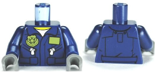 Display of LEGO part no. 973pb0989c01 Torso Police Flight Suit Jacket with Name Tag and Badge, Zippered Pockets Pattern / Arms / Dark Bluish Gray Hands  which is a Dark Blue Torso Police Flight Suit Jacket with Name Tag and Badge, Zippered Pockets Pattern / Arms / Dark Bluish Gray Hands 