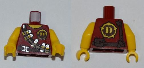 Display of LEGO part no. 973pb0992c01 which is a Dark Red Torso Dino Tranquilizer Bandolier, Belt and 'D' Pattern / Yellow Arms / Yellow Hands 