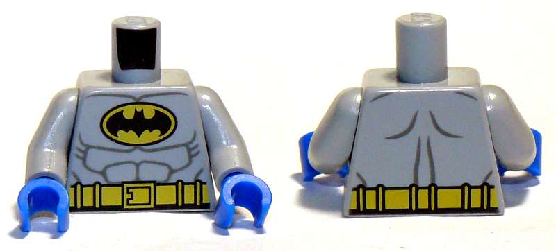 Display of LEGO part no. 973pb1002c02 Torso Batman Logo in Yellow Oval with Muscles and Yellow Belt Front and Back Pattern / Arms / Blue Hands  which is a Light Bluish Gray Torso Batman Logo in Yellow Oval with Muscles and Yellow Belt Front and Back Pattern / Arms / Blue Hands 