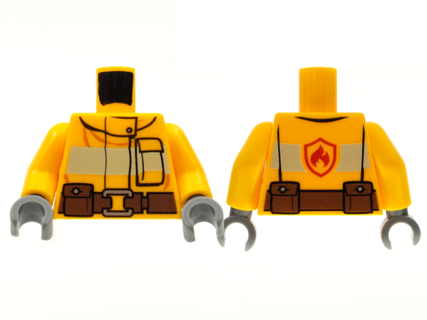 Display of LEGO part no. 973pb1011c01 Torso Fire Suit with Stripe and Brown Utility Belt and Fire Logo on Back Pattern / Arms / Dark Bluish Gray Hands  which is a Bright Light Orange Torso Fire Suit with Stripe and Brown Utility Belt and Fire Logo on Back Pattern / Arms / Dark Bluish Gray Hands 