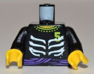 Display of LEGO part no. 973pb1019c01 Torso Ninjago Skeleton Ribs White, Purple Waist Sash and Number 5 Pattern / Arms / Yellow Hands  which is a Black Torso Ninjago Skeleton Ribs White, Purple Waist Sash and Number 5 Pattern / Arms / Yellow Hands 