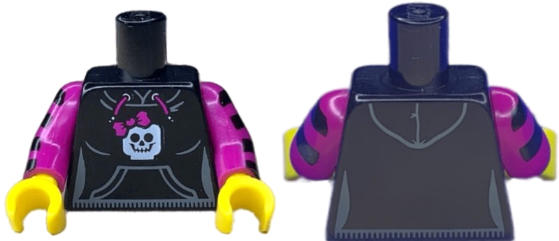 Display of LEGO part no. 973pb1055c01 which is a Black Torso Hooded Sweatshirt with Pocket, Drawstring and Minifigure Skull Pattern / Magenta Arms with Stripes / Yellow Hands 
