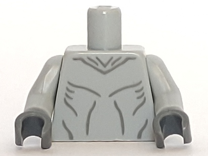 Display of LEGO part no. 973pb1070c01 Torso Alien with Muscles Outline Pattern / Arms / Dark Bluish Gray Hands  which is a Light Bluish Gray Torso Alien with Muscles Outline Pattern / Arms / Dark Bluish Gray Hands 