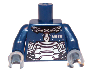 Display of LEGO part no. 973pb1093c01 Torso Space Armor with 'LUIZ' Pattern / Arms / Dark Bluish Gray Hands  which is a Dark Blue Torso Space Armor with 'LUIZ' Pattern / Arms / Dark Bluish Gray Hands 