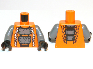 Display of LEGO part no. 973pb1197c01 which is a Orange Torso Ninjago Snake with Dark Bluish Gray and White Scales Pattern (Chokun) / Dark Bluish Gray Arms / Black Hands 