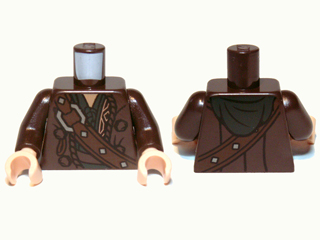 Display of LEGO part no. 973pb1289c01 which is a Dark Brown Torso LotR Coat with Shoulder Strap, Silver Buckle and Dark Green Hood Pattern / Arms / Light Nougat Hands 