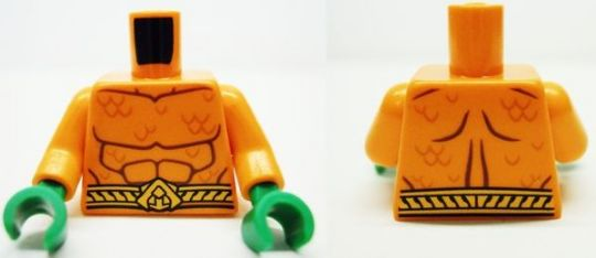 Display of LEGO part no. 973pb1295c01 Torso Bare Chest with Muscles Outline, Scales and Belt on Front and Back Pattern / Arms / Green Hands  which is a Orange Torso Bare Chest with Muscles Outline, Scales and Belt on Front and Back Pattern / Arms / Green Hands 