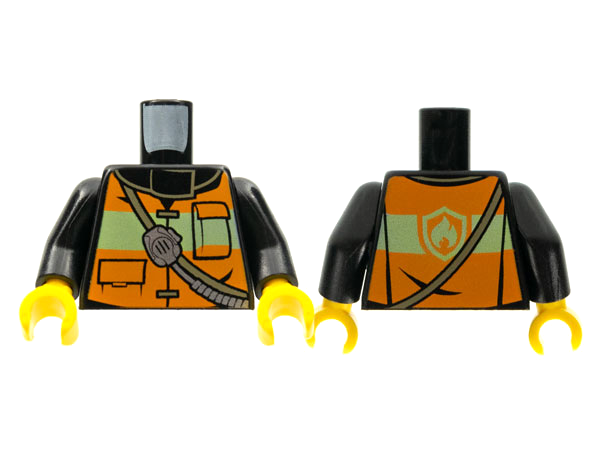 Display of LEGO part no. 973pb1303c01 Torso Fire Reflective Stripe Vest with Pockets and Shoulder Strap with Radio and Fire Badge on Back Pattern / Arms / Yellow Hands  which is a Black Torso Fire Reflective Stripe Vest with Pockets and Shoulder Strap with Radio and Fire Badge on Back Pattern / Arms / Yellow Hands 