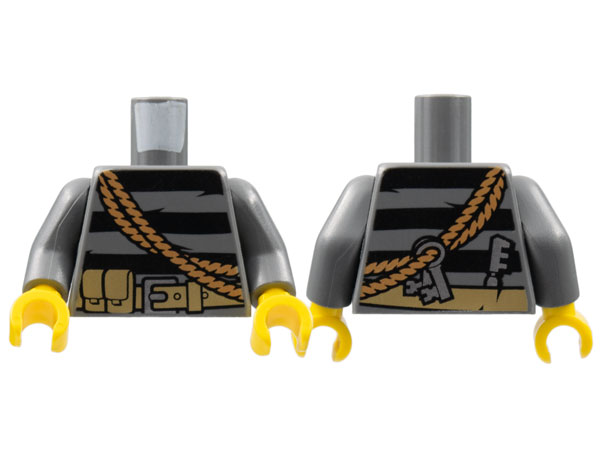 Display of LEGO part no. 973pb1322c01 Torso Sweater Striped with Utility Belt, Rope and Keys Pattern / Arms / Yellow Hands  which is a Dark Bluish Gray Torso Sweater Striped with Utility Belt, Rope and Keys Pattern / Arms / Yellow Hands 