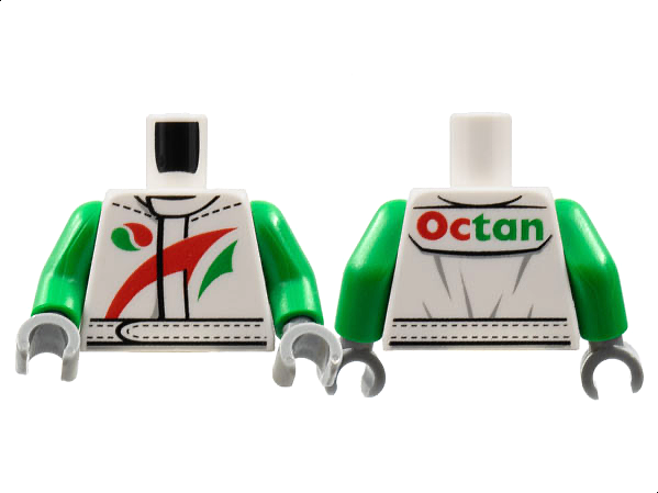 Display of LEGO part no. 973pb1373c01 Torso Octan Logo Jacket with Red and Green Stripe Pattern / Green Arms / Dark Bluish Gray Hands  which is a White Torso Octan Logo Jacket with Red and Green Stripe Pattern / Green Arms / Dark Bluish Gray Hands 