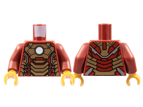 Display of LEGO part no. 973pb1390c01 which is a Dark Red Torso Armor with White Circle and Gold Plates (Mark 42) Pattern / Arms / Pearl Gold Hands 