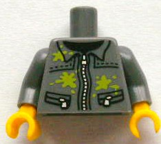 Display of LEGO part no. 973pb1405c01 Torso Silver Zipper and Lime Paint Splotches Pattern / Arms / Yellow Hands  which is a Dark Bluish Gray Torso Silver Zipper and Lime Paint Splotches Pattern / Arms / Yellow Hands 