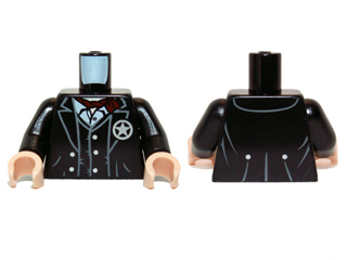 Display of LEGO part no. 973pb1426c01 which is a Black Torso Jacket and Vest with Star Badge and Dark Red Scarf Pattern / Arms / Light Nougat Hands 
