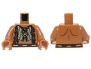 Display of LEGO part no. 973pb1462c01 Torso Bare Chest with Beaded Armor, Fur and Gold Minifigure Pendant Pattern / Arms / Hands  which is a Medium Nougat Torso Bare Chest with Beaded Armor, Fur and Gold Minifigure Pendant Pattern / Arms / Hands 