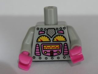 Display of LEGO part no. 973pb1515c01 Torso Robot with Silver Rivets, Yellow Gauges, Dark Pink Screen Pattern / Arms / Dark Pink Hands  which is a Light Bluish Gray Torso Robot with Silver Rivets, Yellow Gauges, Dark Pink Screen Pattern / Arms / Dark Pink Hands 