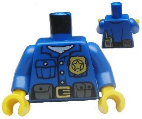 Display of LEGO part no. 973pb1551c01 Torso Police Shirt with White Undershirt, Gold Badge and Buckle, Black Belt with Pouches on Front, Radio on Back Pattern / Arms / Yellow Hands  which is a Blue Torso Police Shirt with White Undershirt, Gold Badge and Buckle, Black Belt with Pouches on Front, Radio on Back Pattern / Arms / Yellow Hands 
