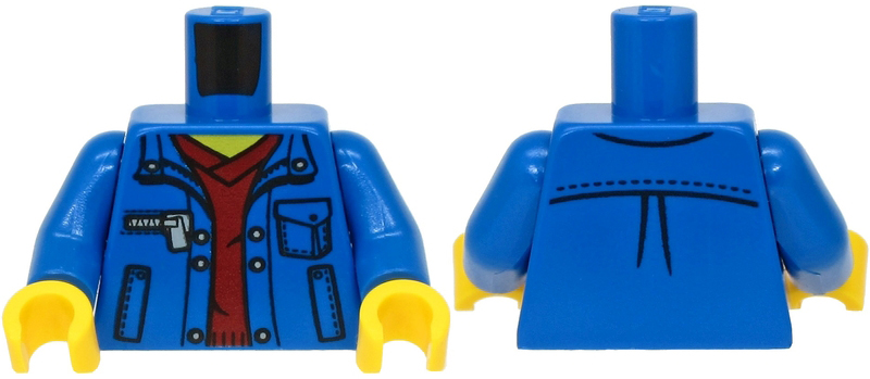 Display of LEGO part no. 973pb1558c01 which is a Blue Torso Jacket with Pockets over Dark Red V-Neck Sweater Pattern / Arms / Yellow Hands 