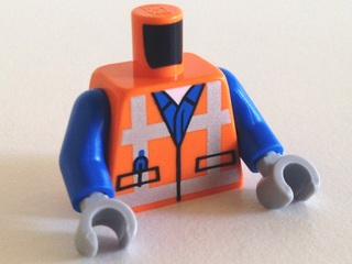 Display of LEGO part no. 973pb1561c02 which is a Orange Torso Safety Vest with Reflective Crossed Stripes over Blue Shirt Pattern / Blue Arms / Light Bluish Gray Hands 