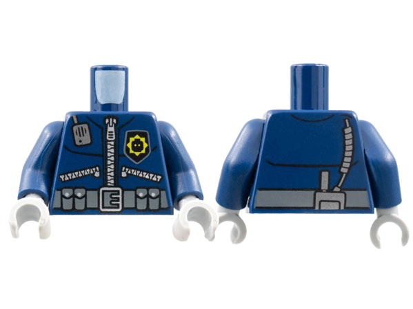 Display of LEGO part no. 973pb1569c01 Torso Police 3 Zippers, Minifigure Head Badge, Radio and Belt with Pockets Pattern / Arms / Light Bluish Gray Hands  which is a Dark Blue Torso Police 3 Zippers, Minifigure Head Badge, Radio and Belt with Pockets Pattern / Arms / Light Bluish Gray Hands 