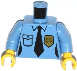 Display of LEGO part no. 973pb1617c01 Torso Police Female Shirt with Gold Badge, Pocket and Black Tie Pattern / Arms / Yellow Hands  which is a Medium Blue Torso Police Female Shirt with Gold Badge, Pocket and Black Tie Pattern / Arms / Yellow Hands 
