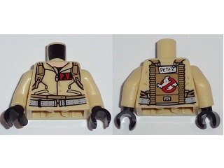 Display of LEGO part no. 973pb1696c01 Torso Ghostbusters Jumpsuit with 'P.V.' ID Badge and 'PETER' on Reverse Pattern / Arms / Black Hands  which is a Tan Torso Ghostbusters Jumpsuit with 'P.V.' ID Badge and 'PETER' on Reverse Pattern / Arms / Black Hands 