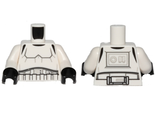 Display of LEGO part no. 973pb1712c01 Torso SW Armor Stormtrooper, Detailed Armor Pattern without Shoulder Belts / Arms / Black Hands  which is a White Torso SW Armor Stormtrooper, Detailed Armor Pattern without Shoulder Belts / Arms / Black Hands 