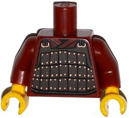 Display of LEGO part no. 973pb1779c01 which is a Dark Red Torso Armor Plate Dark Brown with Copper Rivets Pattern / Arms / Yellow Hands 